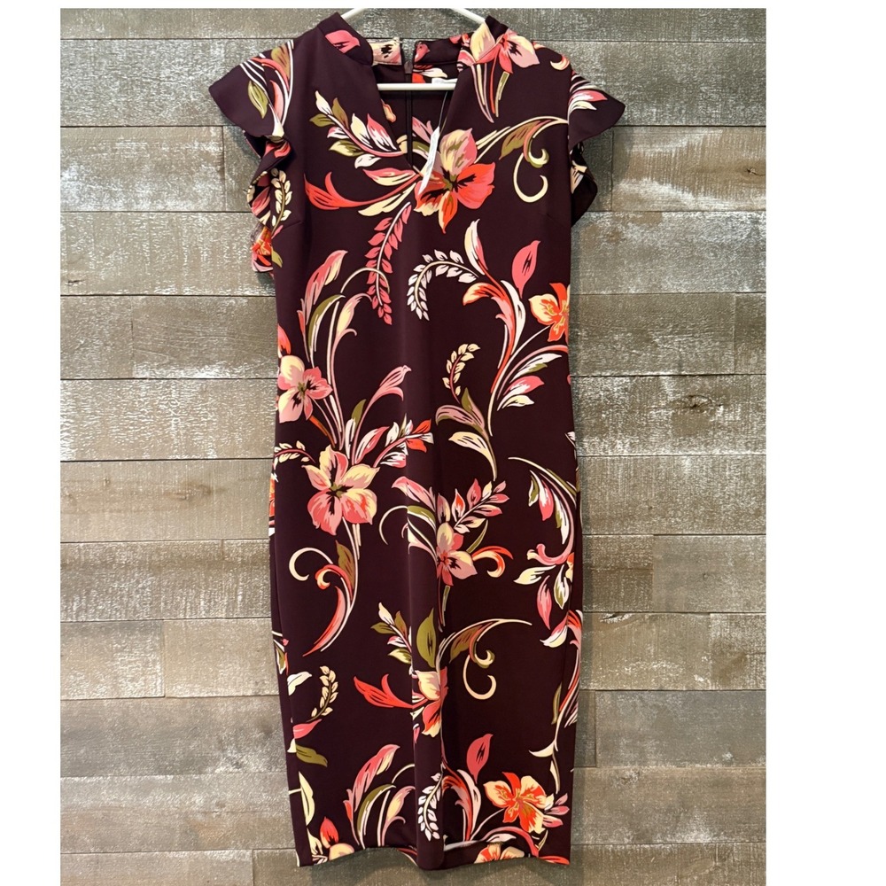 New York & Company Floral Sheath Dress Womens Large Burgundy
